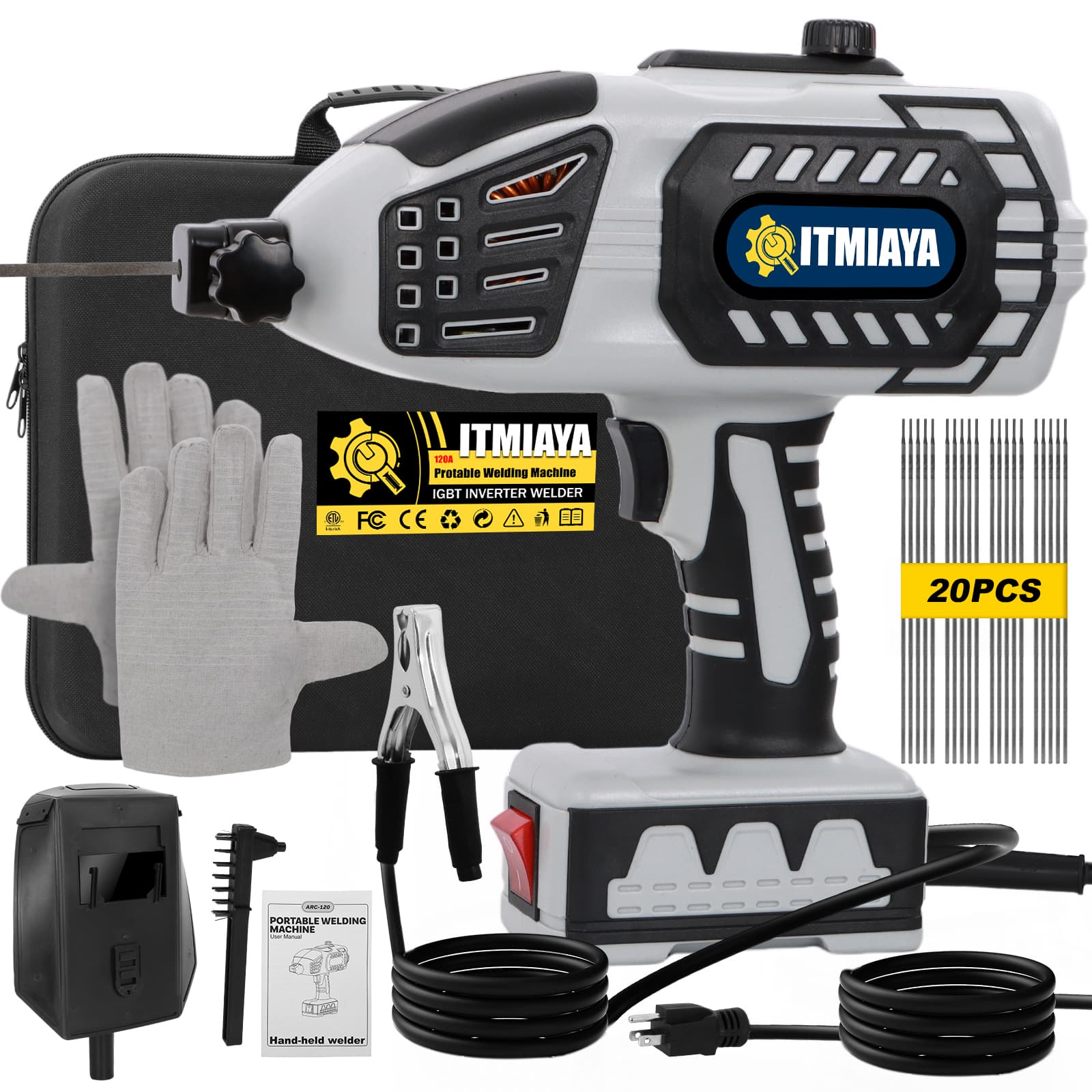ITMIAYA® Portable Welding Machine 110V ARC Stick Welder Handheld for Metal IGBT Inverter 20-120Amps Stepless Current 1/16"-3/32" Electrodes Home Repair DIY Work Grey