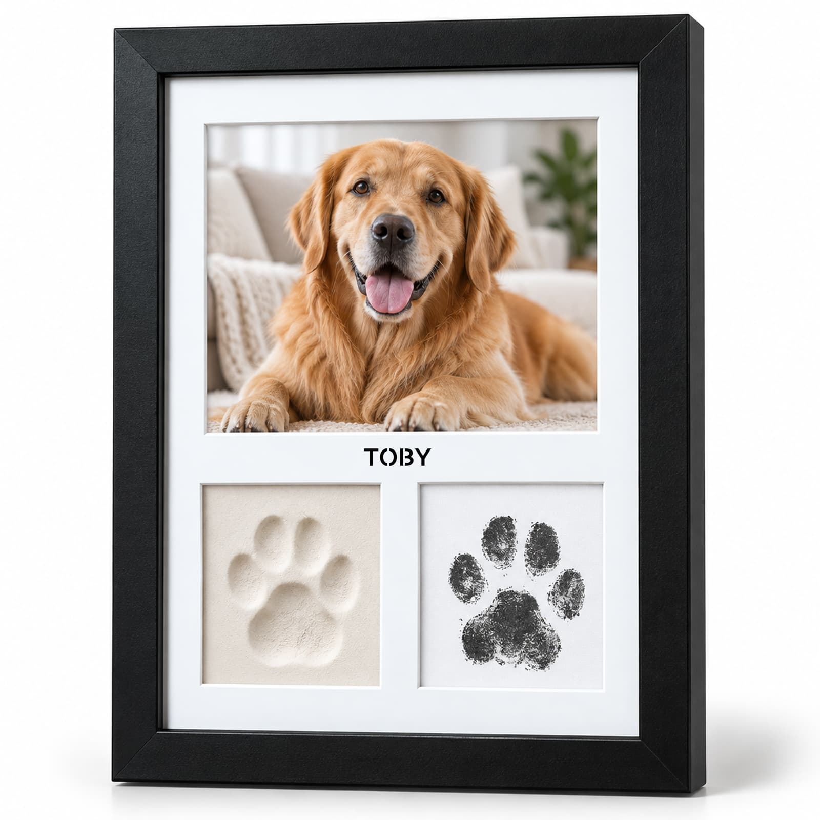 Pet Memorial Frame with Paw Print Kit for 5" × 7" Photos with Instruction, Soft Clay & Clean Touch Ink Pad, Paw & Nose Print Kit with Letter Template, Pet Memorial Frame Black